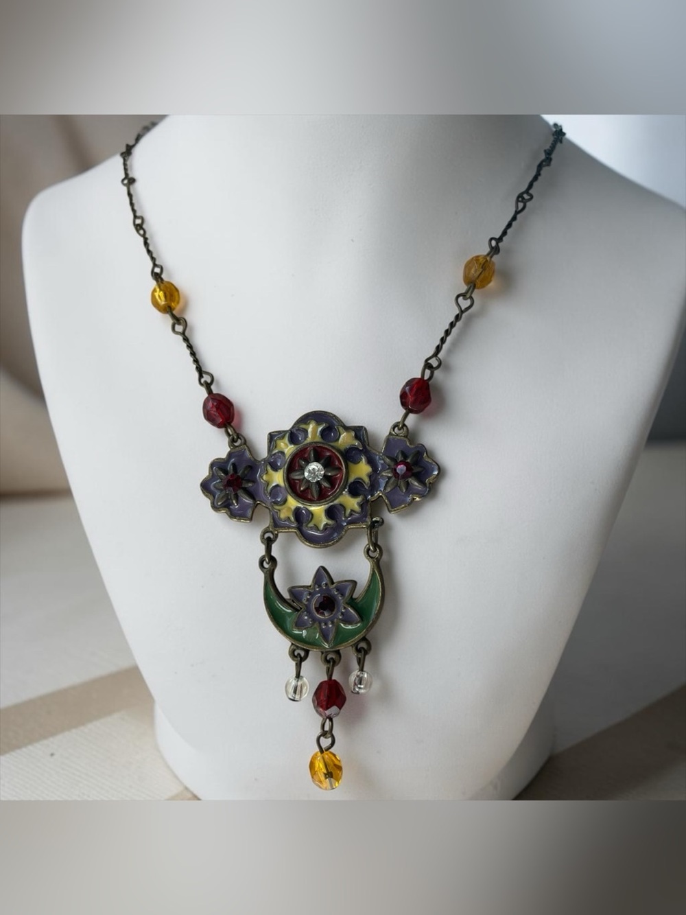 Vintage Celestial Floral Enamel Crystal Statement Drop Necklace